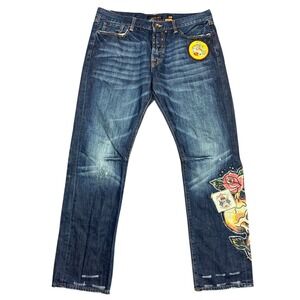 VTG Ed Hardy Christian Audigier Mens 38x31 Tattoo Skull Rose Tiger Jeans Y2K‎